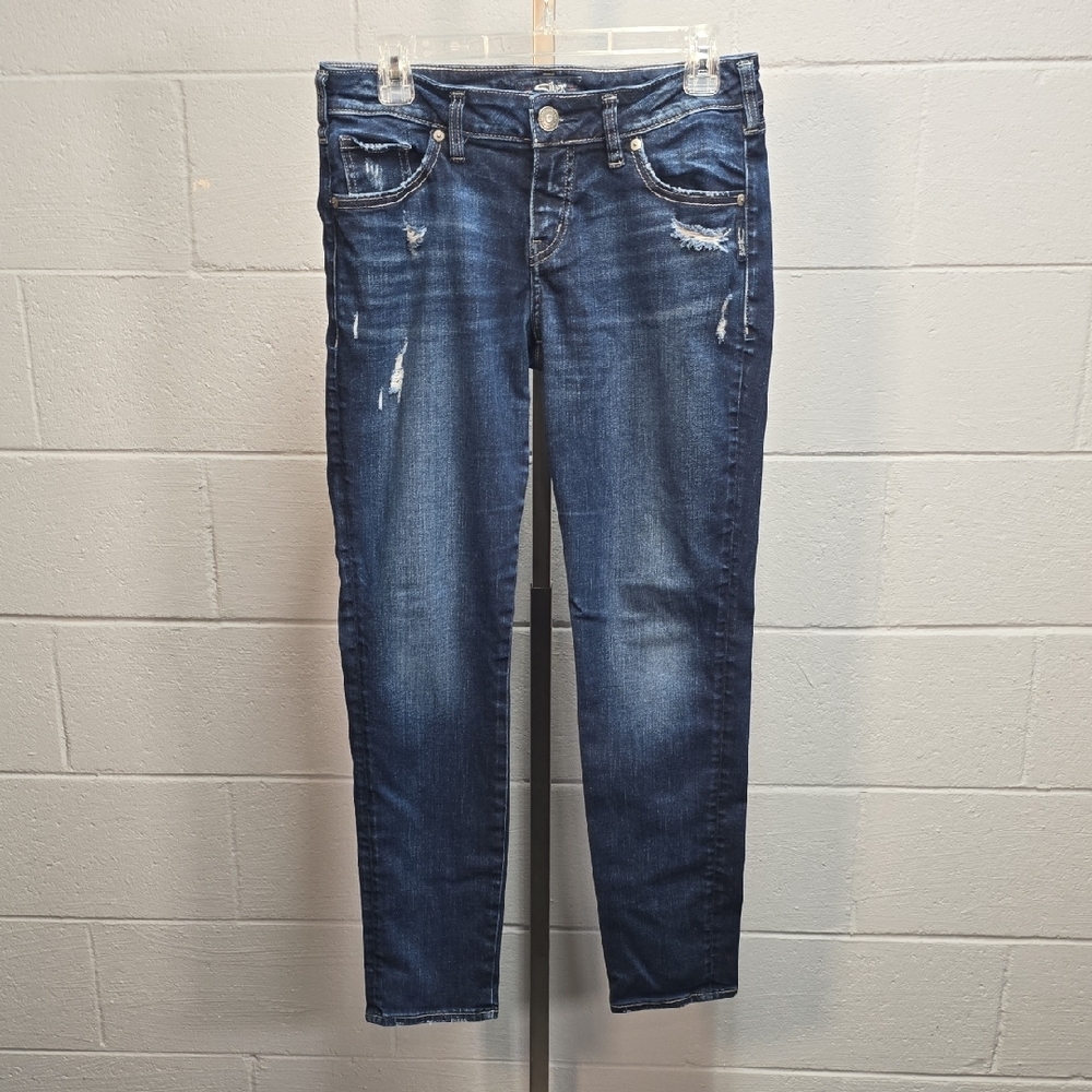 Women's Distressed Silver Blue Jeans - Picture 2 of 12